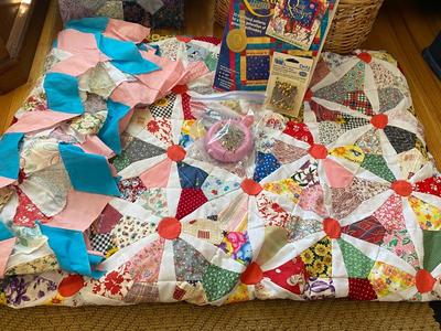 A LARGE PARTIALITY FINISHED HAND STITCHED QUILT AND START OF A DIFFERENT QUILT/PRECUT SQUARES AND MORE