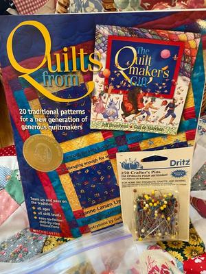 A LARGE PARTIALITY FINISHED HAND STITCHED QUILT AND START OF A DIFFERENT QUILT/PRECUT SQUARES AND MORE