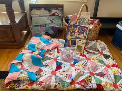 A LARGE PARTIALITY FINISHED HAND STITCHED QUILT AND START OF A DIFFERENT QUILT/PRECUT SQUARES AND MORE