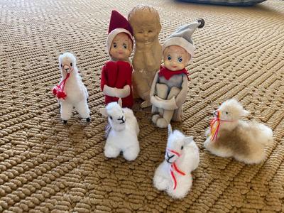 VINTAGE CHRISTMAS ELFS, 1960’S BOY WITH MOUSE FIGURINE, CAMELS FROM PERU