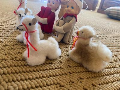 VINTAGE CHRISTMAS ELFS, 1960’S BOY WITH MOUSE FIGURINE, CAMELS FROM PERU