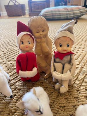 VINTAGE CHRISTMAS ELFS, 1960’S BOY WITH MOUSE FIGURINE, CAMELS FROM PERU
