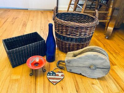 ANTIQUE PULLEY, SIGNED CLAY CANDLE HOLDER, & HOME DECOR