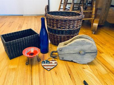 ANTIQUE PULLEY, SIGNED CLAY CANDLE HOLDER, & HOME DECOR