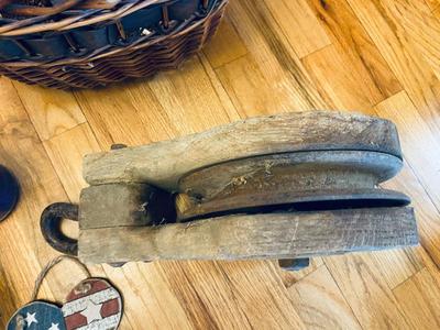 ANTIQUE PULLEY, SIGNED CLAY CANDLE HOLDER, & HOME DECOR