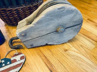 ANTIQUE PULLEY, SIGNED CLAY CANDLE HOLDER, & HOME DECOR