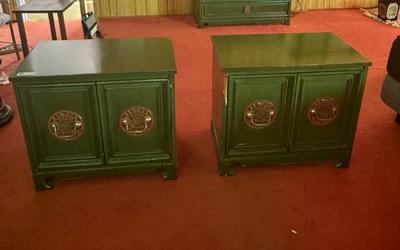 Set of 2 Asian Style Green Bed Side Tables