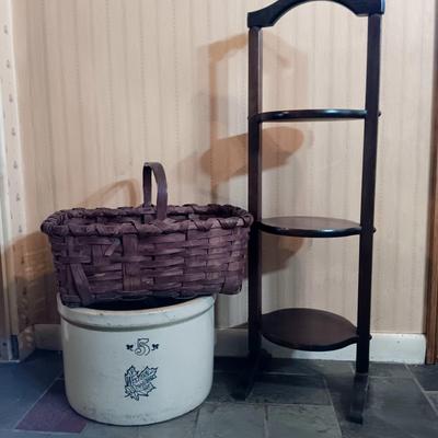 LOT 253: Western Stoneware 5-Gallon Crock, 3-Tier Table & Splint Weave Basket