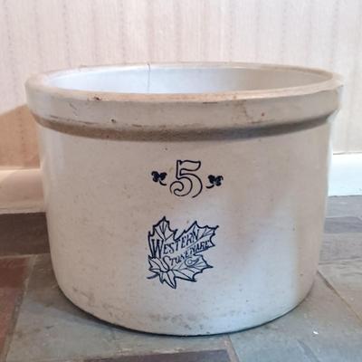 LOT 253: Western Stoneware 5-Gallon Crock, 3-Tier Table & Splint Weave Basket