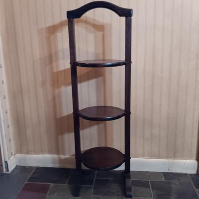 LOT 253: Western Stoneware 5-Gallon Crock, 3-Tier Table & Splint Weave Basket