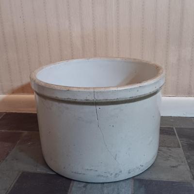 LOT 253: Western Stoneware 5-Gallon Crock, 3-Tier Table & Splint Weave Basket