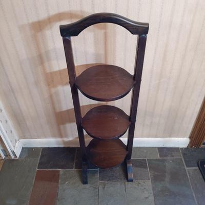 LOT 253: Western Stoneware 5-Gallon Crock, 3-Tier Table & Splint Weave Basket