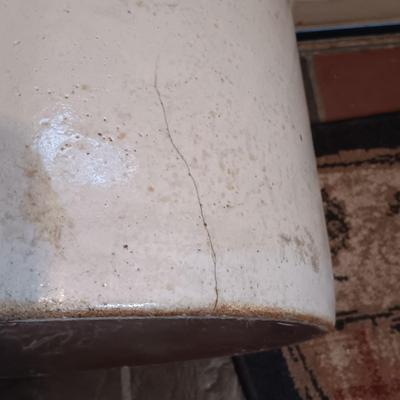 LOT 253: Western Stoneware 5-Gallon Crock, 3-Tier Table & Splint Weave Basket