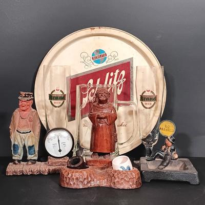 LOT 256: Wilson Cast Iron No Parking Ashtray, Cooper Co. Syroco Wood Thermometer, Monk Cigar Holder & More