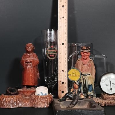 LOT 256: Wilson Cast Iron No Parking Ashtray, Cooper Co. Syroco Wood Thermometer, Monk Cigar Holder & More