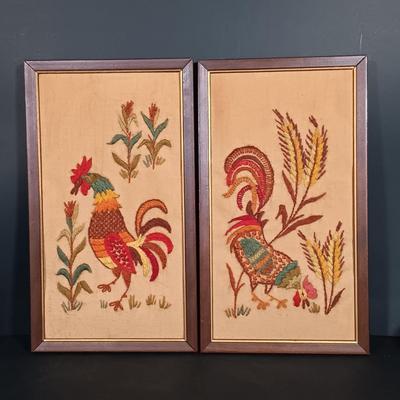 LOT 257: Crewel Needlework Roosters and Leaf Condiment Dish w/ Vintage Kitchenware