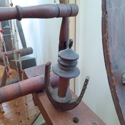 LOT 258: Antique Spinning Wheel and Milking Stool