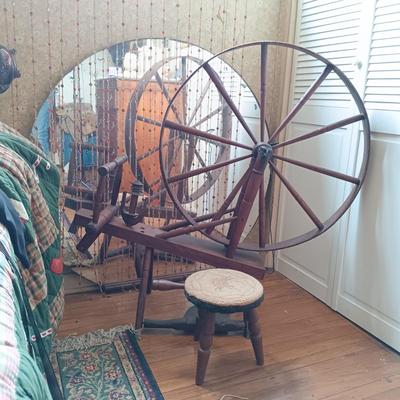 LOT 258: Antique Spinning Wheel and Milking Stool