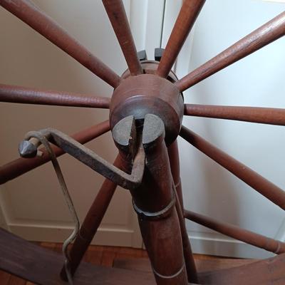 LOT 258: Antique Spinning Wheel and Milking Stool