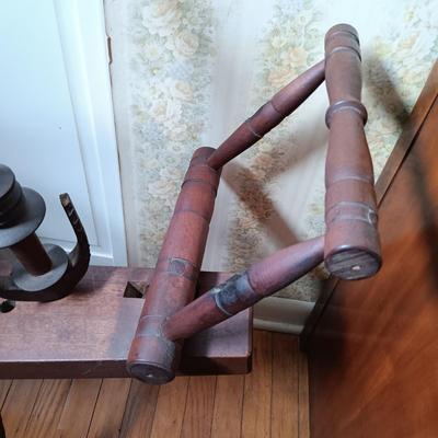 LOT 258: Antique Spinning Wheel and Milking Stool