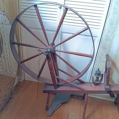 LOT 258: Antique Spinning Wheel and Milking Stool