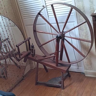 LOT 258: Antique Spinning Wheel and Milking Stool