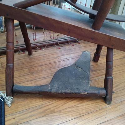 LOT 258: Antique Spinning Wheel and Milking Stool