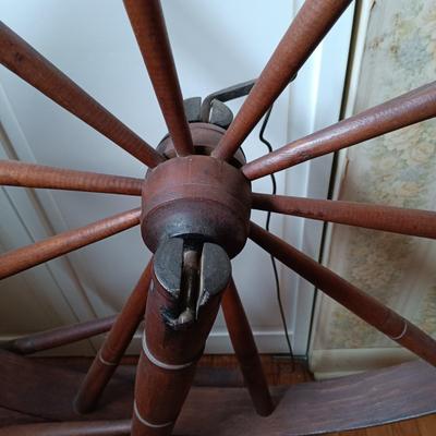 LOT 258: Antique Spinning Wheel and Milking Stool