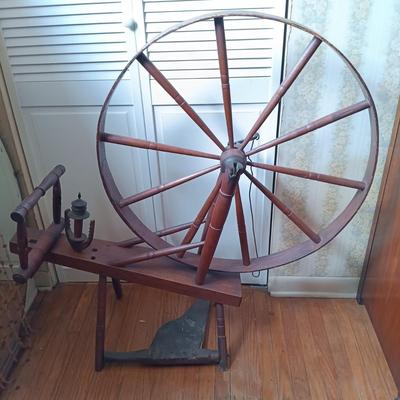LOT 258: Antique Spinning Wheel and Milking Stool