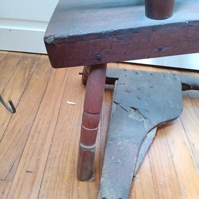 LOT 258: Antique Spinning Wheel and Milking Stool