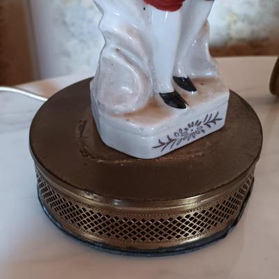 LOT 264: Victorian Marble-Top Pedestal Table w/ Set of (3) Porcelain Figurine Lamps