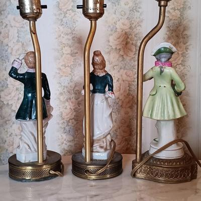 LOT 264: Victorian Marble-Top Pedestal Table w/ Set of (3) Porcelain Figurine Lamps