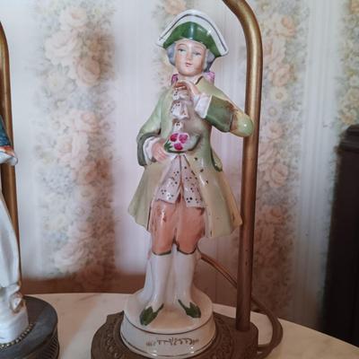 LOT 264: Victorian Marble-Top Pedestal Table w/ Set of (3) Porcelain Figurine Lamps