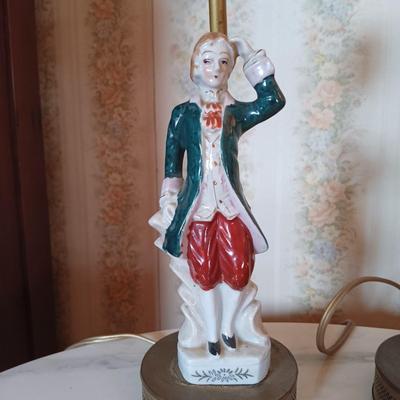 LOT 264: Victorian Marble-Top Pedestal Table w/ Set of (3) Porcelain Figurine Lamps