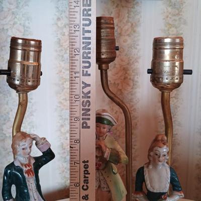 LOT 264: Victorian Marble-Top Pedestal Table w/ Set of (3) Porcelain Figurine Lamps