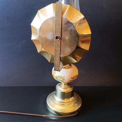 LOT 325: Electrified Porcelain and Brass Oil Lamp, MCM Sewing Box, Glass Makeup Jars & Etched Basket