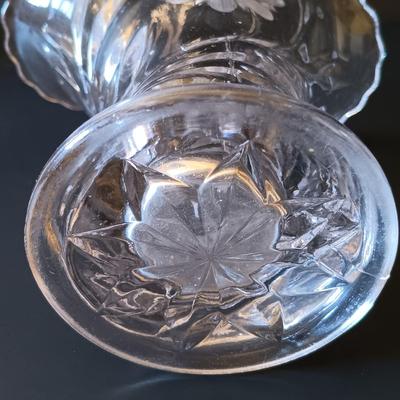 LOT 325: Electrified Porcelain and Brass Oil Lamp, MCM Sewing Box, Glass Makeup Jars & Etched Basket