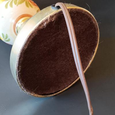 LOT 325: Electrified Porcelain and Brass Oil Lamp, MCM Sewing Box, Glass Makeup Jars & Etched Basket