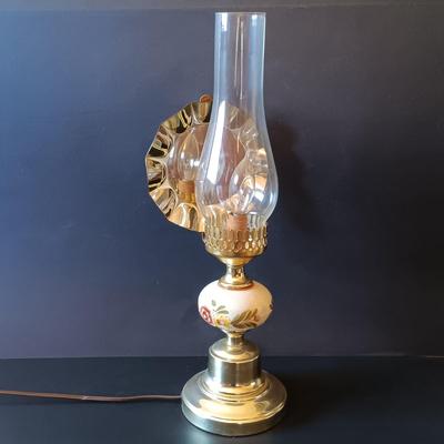 LOT 325: Electrified Porcelain and Brass Oil Lamp, MCM Sewing Box, Glass Makeup Jars & Etched Basket