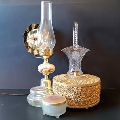 LOT 325: Electrified Porcelain and Brass Oil Lamp, MCM Sewing Box, Glass Makeup Jars & Etched Basket