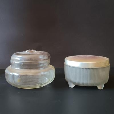 LOT 325: Electrified Porcelain and Brass Oil Lamp, MCM Sewing Box, Glass Makeup Jars & Etched Basket