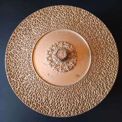 LOT 325: Electrified Porcelain and Brass Oil Lamp, MCM Sewing Box, Glass Makeup Jars & Etched Basket