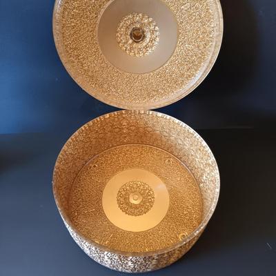 LOT 325: Electrified Porcelain and Brass Oil Lamp, MCM Sewing Box, Glass Makeup Jars & Etched Basket