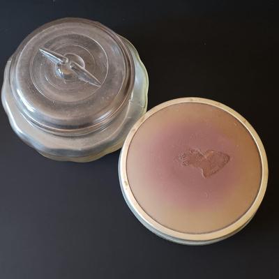 LOT 325: Electrified Porcelain and Brass Oil Lamp, MCM Sewing Box, Glass Makeup Jars & Etched Basket