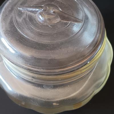 LOT 325: Electrified Porcelain and Brass Oil Lamp, MCM Sewing Box, Glass Makeup Jars & Etched Basket