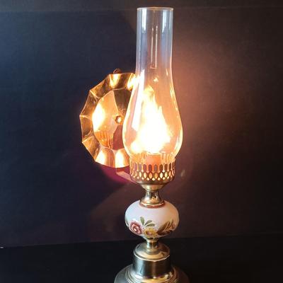 LOT 325: Electrified Porcelain and Brass Oil Lamp, MCM Sewing Box, Glass Makeup Jars & Etched Basket