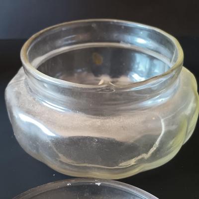 LOT 325: Electrified Porcelain and Brass Oil Lamp, MCM Sewing Box, Glass Makeup Jars & Etched Basket