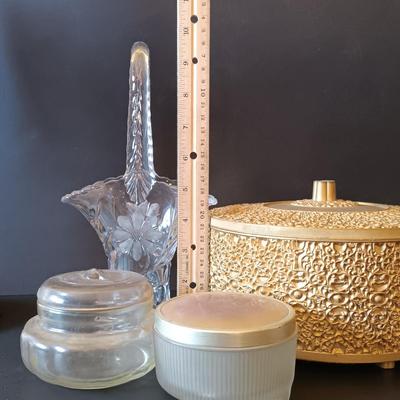 LOT 325: Electrified Porcelain and Brass Oil Lamp, MCM Sewing Box, Glass Makeup Jars & Etched Basket