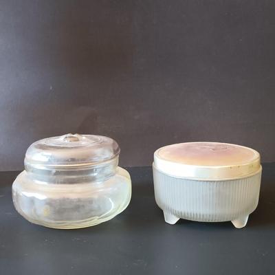 LOT 325: Electrified Porcelain and Brass Oil Lamp, MCM Sewing Box, Glass Makeup Jars & Etched Basket