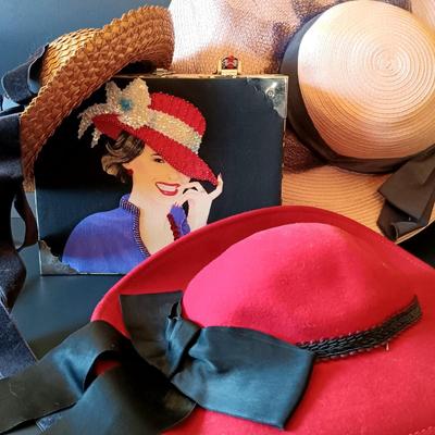 LOT 327: Red Hat Society Cigar Box Purse w/ Vintage Hats
